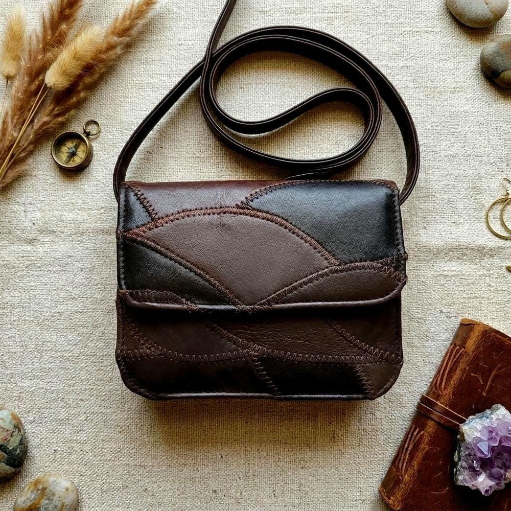 Vintage 70s 80s Patchwork Leather Crossbody Bag | Dark Boho Earthy Mini Purse |